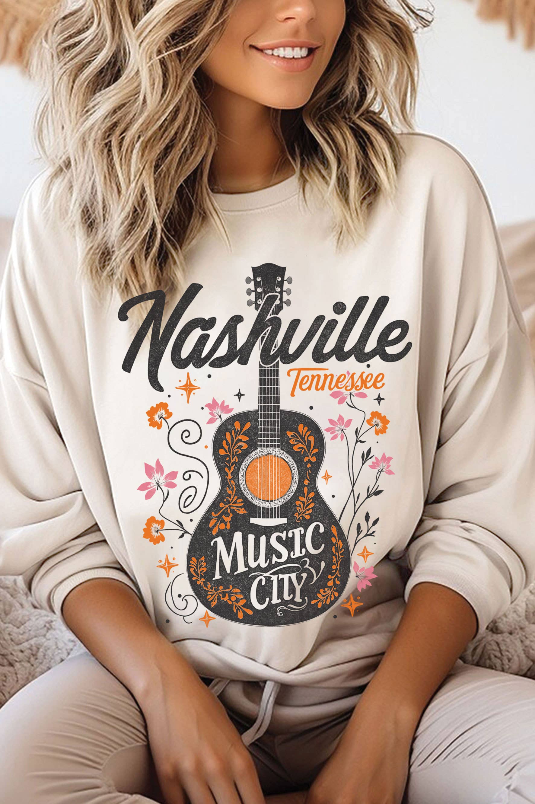 Nashville Music City Floral Guitar Graphic Brush Sweatshirt